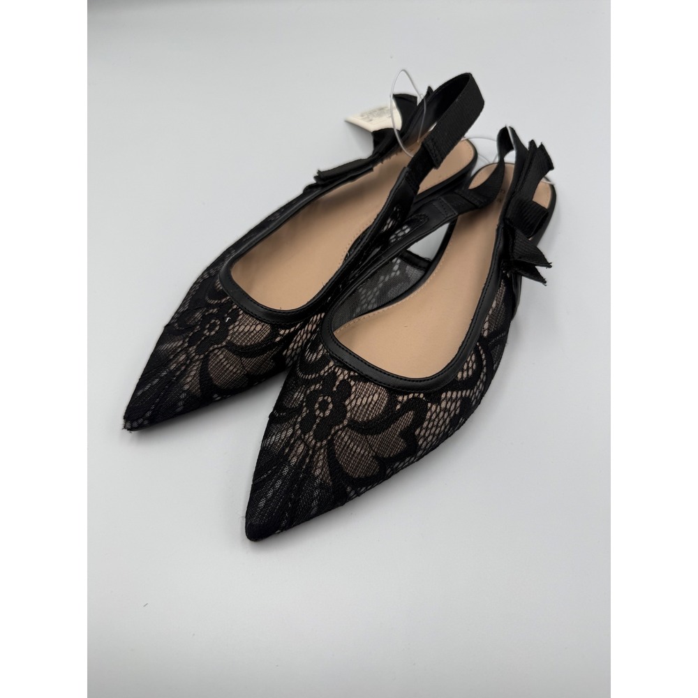 A New Day London Black Lace Floral Mesh Pointed Toe Slingback Bow Flats 6.5 - Picture 2 of 6